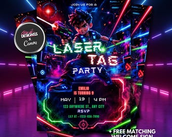 Kids Laser Tag Party Invitation Template | Neon Kids Birthday Party Invite | Editable Canva Template