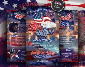 4th of July Pool Party Invitation Template | Independence Day Pool Party Invite | July 4th BBQ Digital Invitation