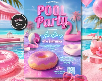 Pool Party Birthday Invitation Girl | Summer Splash Birthday Digital Invite | Summer Birthday Bash