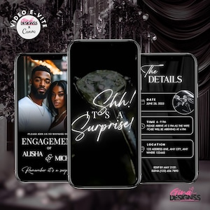 May include: Three smartphones displaying an engagement announcement. The first phone shows a couple, the second a diamond ring with the text "Shh! It's a Surprise!", and the third phone details the event's date, time, and location.