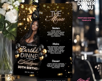 Digital Birthday Menu | Black and Gold Canva Menu Template | Editable Event Menu | Printable Dinner Table Decor for Birthday Celebrations