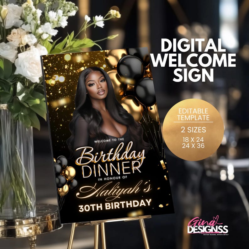 birthday Party welcome sign all black affair gold black birthday dinner party invite 30th 35th 40th 50th birthday dinner welcome sign black tie invite sexy all black adults elegant black and gold baddie black woman classy invite canva template