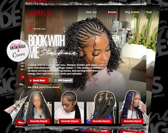HairFLIX-inspirerad flyer | Redigerbar Canva-mall för hårstylister | Bokningsflyer för flätor Bokningsflyer för installation av spetsperuk Bokningsflyer för i-sömnad