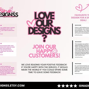 May include: Pink and black graphic design with the text "LOVE OUR DESIGNS?" and "JOIN OUR HAPPY CUSTOMERS!". The image includes customer reviews and the Etsy shop name, GINADESIGNSS.ETSY.COM.