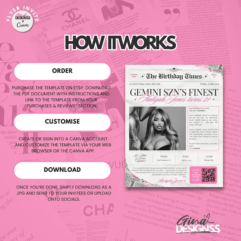 May include: Pink flyer with text "How it works" and instructions for ordering, customizing, and downloading a template. The flyer includes a newspaper-style birthday invitation with a photo and the text "Gemini SZN's Finest Aaliyah Jones turns 21+".