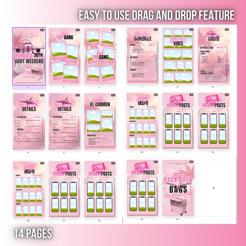 Easy to use drag and drop feature, digital invite, transport details, vacay vibes, invite list, daily schedule, outfit inspo, social media posts, costs breakdown, hotel details, 14 pages