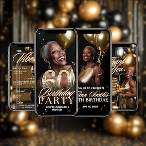 Modèle d'invitation de 60e anniversaire | Toile d'invitation numérique personnalisée | Invitation de fête d'anniversaire modifiable noir or pour lui | Éviter