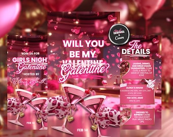 Uitnodiging voor Galentine's Girl's Night Valentijnsdagfeest Girls Night Party uitnodiging Roze Galentine's PJ-feestuitnodiging slaapfeestje