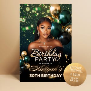 May include: A party invitation with a woman's image, balloons, and confetti. The text reads "Welcome to the Birthday Party in Honour of Haliyah's 30th Birthday." A gold circle indicates the template is editable and available in 18 x 24 and 24 x 36 sizes.