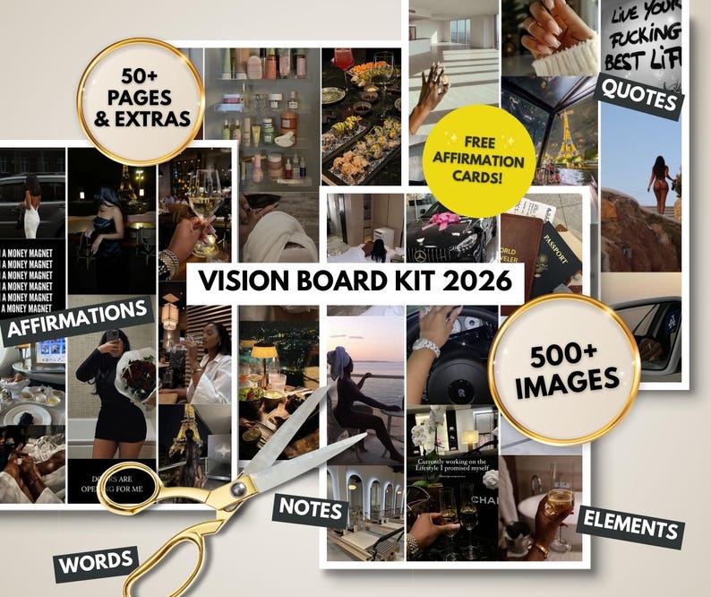 black girl luxury vision board kit images elements quotes affirmations self-care planner new year goals ultimate workbook