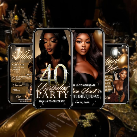 40th Birthday Invitation Template | Custom Digital Invitation Canva | Gold Black Editable Birthday Party Invitation for Him or Her | Evite