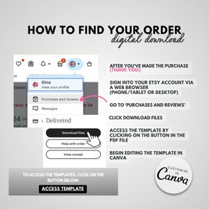 May include: A screenshot of a computer screen showing instructions on how to find and download a digital purchase on Etsy. The instructions include signing into your Etsy account, going to 'Purchases and Reviews', clicking 'Download Files', and then clicking on the button in the PDF file to access the template. The text 'CUSTOMISE IN Canva' is also visible in the image.