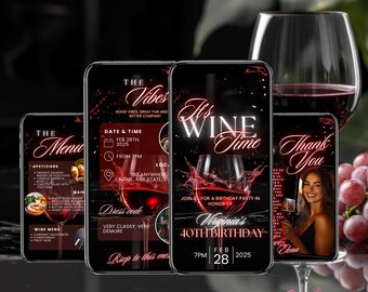 Può includere: Quattro schermate di telefono con sfondo nero e accenti rossi. Gli schermi mostrano un menu, un bicchiere di vino, un invito di compleanno e un messaggio di ringraziamento. Il testo sugli schermi recita "The Menu", "It's Wine Time", "Virginia's 40th Birthday" e "Thank You".
