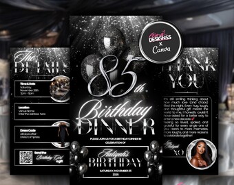 85th Birthday Dinner Birthday Invitation | Black and Silver Birthday Invitation | All Black Affair Evite