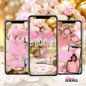 Digital-Geburtstags-Brunch-Party-Einladung Digital-Rosa-Blumen-Brunch-Telefon-Nachricht Evite Animierte Jedes Alters-Video-Brunch-Einladung einladen