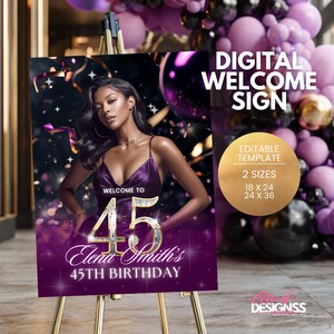 Puede incluir: Un letrero de bienvenida digital para un 45 cumpleaños, con una mujer con un vestido morado. El letrero incluye el texto "Welcome to 45 Elena Smith's 45th Birthday" y está disponible en tamaños de 45,7 x 61 cm y 61 x 91,4 cm.