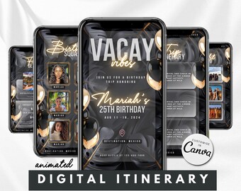 Luxe Vacay Vibes digitale verjaardag weekend uitnodiging reisroute meisjes reis vakantie schema planner sjabloon evenement reisplan video