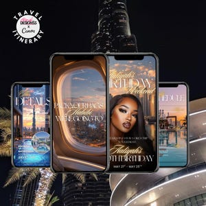 May include: Four smartphones showcasing a travel itinerary. The screens display Dubai imagery, including the Burj Khalifa and a pool. Text includes "Pack Your Bags Habibi We're Going To..." and "Aaliyah's Birthday Weekend."