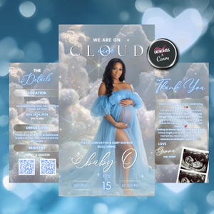 Puede incluir: Invitación a un baby shower con una mujer con un vestido azul sobre un fondo nublado. La invitación incluye la fecha, hora, lugar, registro y código de vestimenta. El texto dice "We are on Cloud Nine" y da la bienvenida a "baby O".