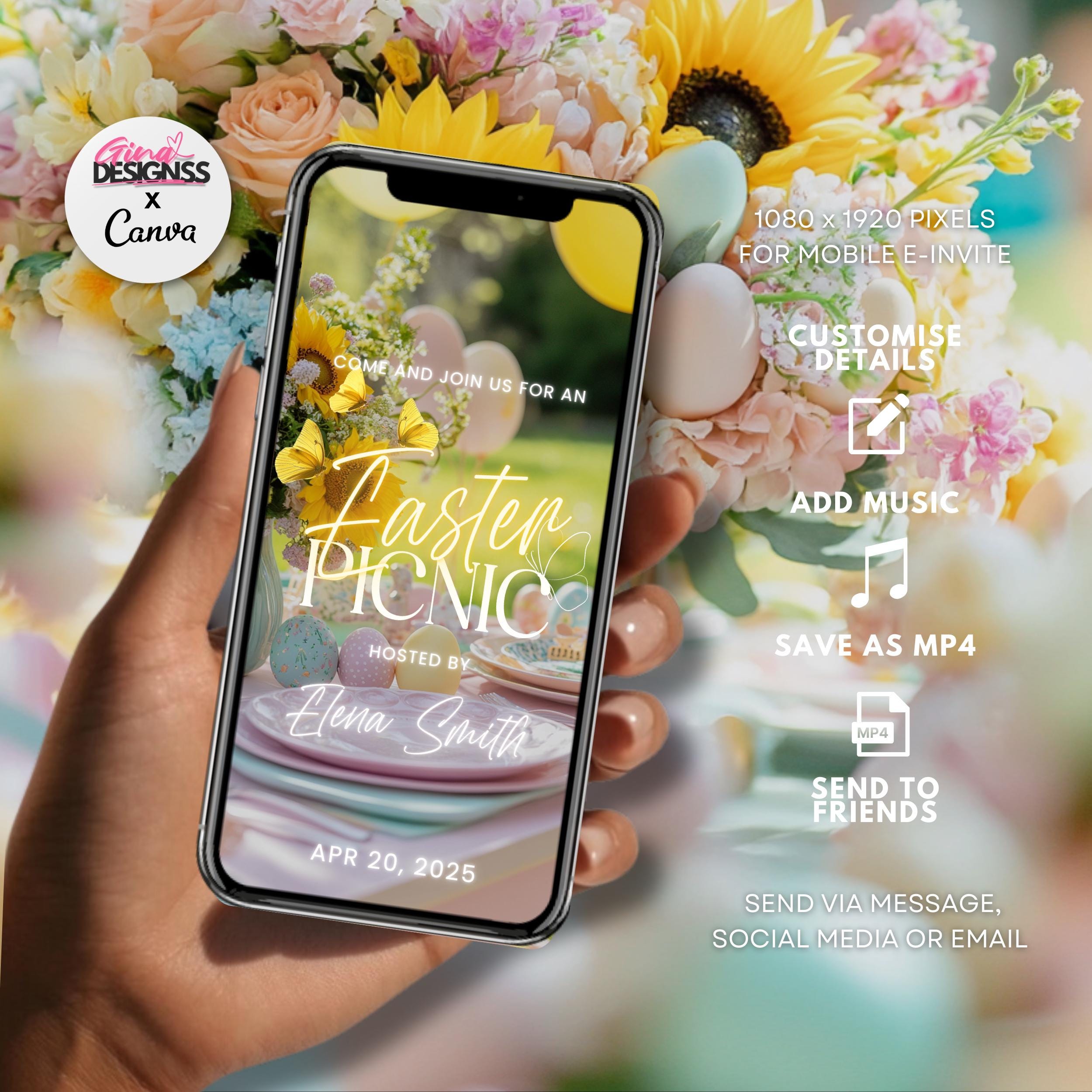 Spring Picnic Invitation Digital Easter Picnic Party Invitation Digital Floral Picnic Phone ...