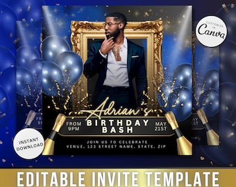 Editable Birthday Flyer Template Digital Birthday Invite Men&#39;s Birthday Flyer Black Canva Template Birthday Video Invite