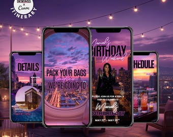 Puede incluir: Cuatro smartphones que muestran detalles de itinerarios de viaje. Las pantallas presentan texto como "Pack Your Bags Ladies, We're Going To" y "Mariah's Birthday Weekend". El fondo muestra un paisaje urbano al atardecer con luces de cadena.