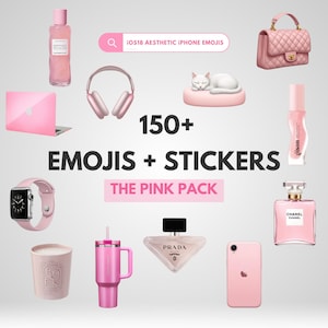 Może przedstawiać: Kolekcja ponad 150 różowych emotikonów i naklejek do użytku na iPhone'ach. Obraz przedstawia różnorodne różowe przedmioty, w tym laptopa, słuchawki, kota, butelki perfum, zegarek, kubek, świecę, telefon i torebkę.