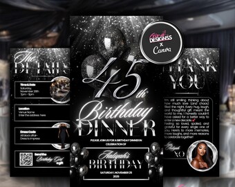 45th Birthday Dinner Birthday Invitation | Black and Silver Birthday Invitation | All Black Affair Evite