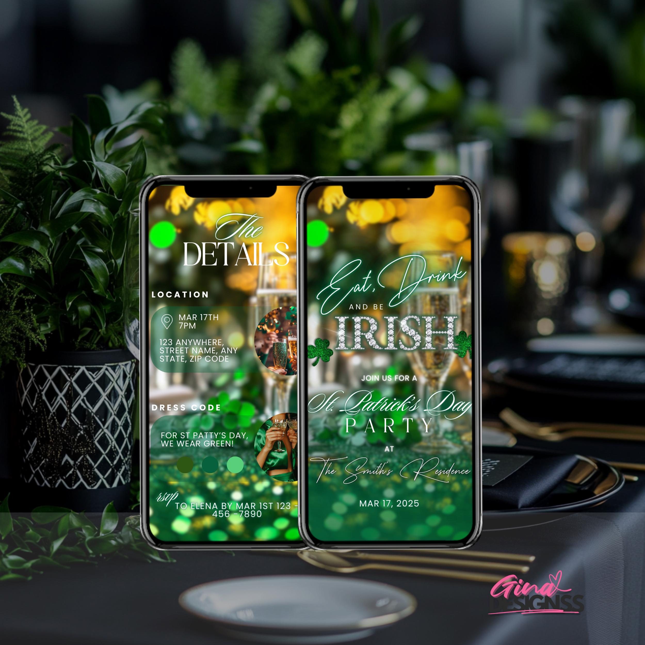 St. Patrick's Day Digital Invitation Irish Invitation Eat Drink and Be Irish Party Invitation St Paddys Day Party Template Green shamrock