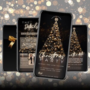 Könnte beinhalten: Eine schwarze und goldene Weihnachtsfeier-Einladung mit einem goldenen Stern auf einem schwarzen Weihnachtsbaum mit goldenen Kugeln. Der Text lautet "Christmas Party" und enthält Datum und Uhrzeit, Adresse und RSVP-Informationen.