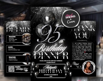 95th Birthday Dinner Birthday Invitation | Black and Silver Birthday Invitation | All Black Affair Evite