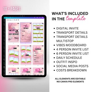 Whats included in the travel template, digital invite, transport details, vacay vibes, invite list, daily schedule, outfit inspo, social media posts, costs breakdown, hotel details