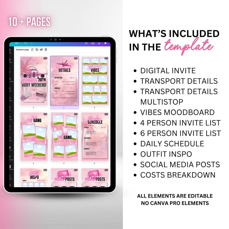 Whats included in the travel template, digital invite, transport details, vacay vibes, invite list, daily schedule, outfit inspo, social media posts, costs breakdown, hotel details