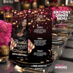 May include: A printable digital birthday dinner menu template. The design features a woman's image, gold and pink balloons, and menu items like pepper shrimp and jerk-marinated chicken. The menu is for Haliyah's 30th birthday.
