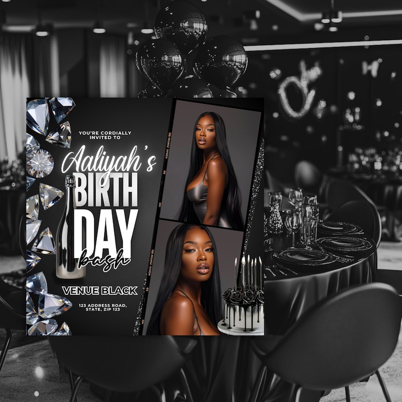 send as png or video mp4 black baddie birthday bash invite silver and grey
