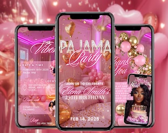 Op de afbeelding: Drie smartphones tonen een roze pyjamaparty-uitnodiging. De belangrijkste uitnodiging luidt "PAJAMA Party" met details voor een 25e verjaardagsviering op 14 februari 2025. Het ontwerp bevat roze en gouden ballonnen.