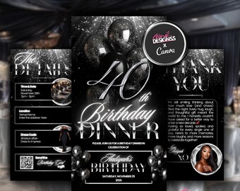 40th Birthday Dinner Birthday Invitation | Black and Silver Birthday Invitation | All Black Affair Evite