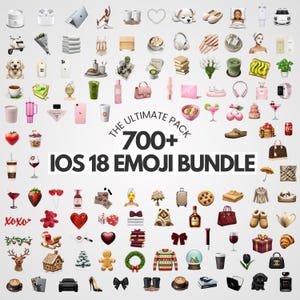 Może przedstawiać: Kolekcja ikon emoji iOS 18, w tym jedzenie, zwierzęta i przedmioty. Tekst "The Ultimate Pack 700+ iOS 18 Emoji Bundle" jest wyświetlany na środku obrazu. Emotikony są ułożone w siatkę.