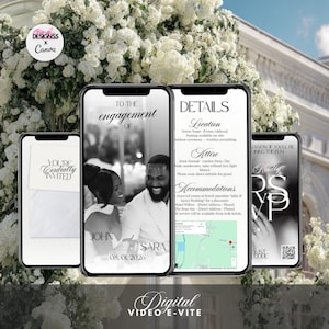 May include: Digital wedding invitation displayed on smartphones. The invitation includes details about the event, such as the date, time, location, and attire. The design features a photo of the couple and floral accents.