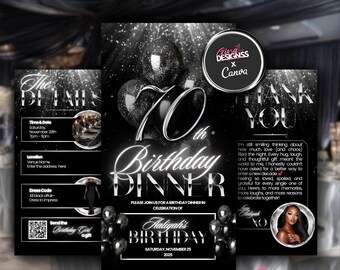 70th Birthday Dinner Birthday Invitation | Black and Silver Birthday Invitation | All Black Affair Evite