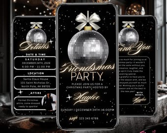 Puede incluir: Una invitación digital en negro y dorado para una fiesta de Friendsmas. La invitación presenta un adorno de bola de discoteca plateada con un lazo blanco. El texto de la invitación dice "Friendsmas Party" y "Por favor, únase a nosotros para una fiesta de Navidad organizada por Haylie". La fecha y hora de la fiesta se indican como "Domingo, 24 de diciembre, 1-6:00 PM".