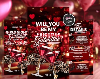 Uitnodiging voor Galentine's Girl's Night Valentijnsdag feest Girls Night Party uitnodiging Red Galentine's PJ party uitnodiging slaapfeestje