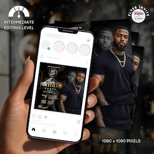 May include: A black and gold birthday party invitation with a photo of a man in a black shirt and gold chain. The text on the invitation says "You're invited to... [Man's name]'s Birthday Party" and includes the date "Sat May 07".