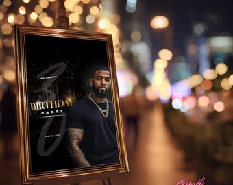 Black & Gold Birthday Welcome Sign | Digital Party Poster | Editable Canva Flyer | Club Theme Men's Birthday Party Sign Template