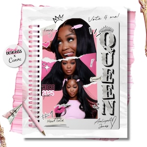 May include: A pink and white notebook-style design featuring a collage of a woman with long black hair. The word "QUEEN" is vertically displayed. Text includes "Vote 4 me!", "HOCO 2025 queen", "#1 Heart Babe", and "Aaliyah Jones".
