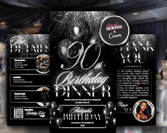 90th Birthday Dinner Birthday Invitation | Black and Silver Birthday Invitation | All Black Affair Evite