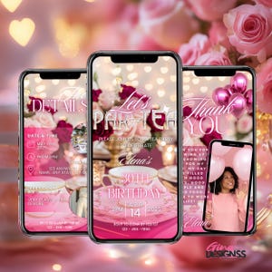 Digital-Geburtstags-Brunch-Teeparty-Einladung Digital-Rosa-Blumen-Brunch-Telefonnachricht Evite Animated Irgendein Alter Video Brunch-Einladung einladen