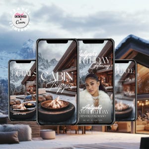 Könnte beinhalten: Vier Smartphones, die eine Reiseroute für einen Hüttenurlaub anzeigen. Die Bildschirme zeigen Details, den Hüttennamen, den Zeitplan und eine Geburtstagsfeier. Der Hintergrund zeigt eine schneebedeckte Berglandschaft und eine gemütliche Hütte.