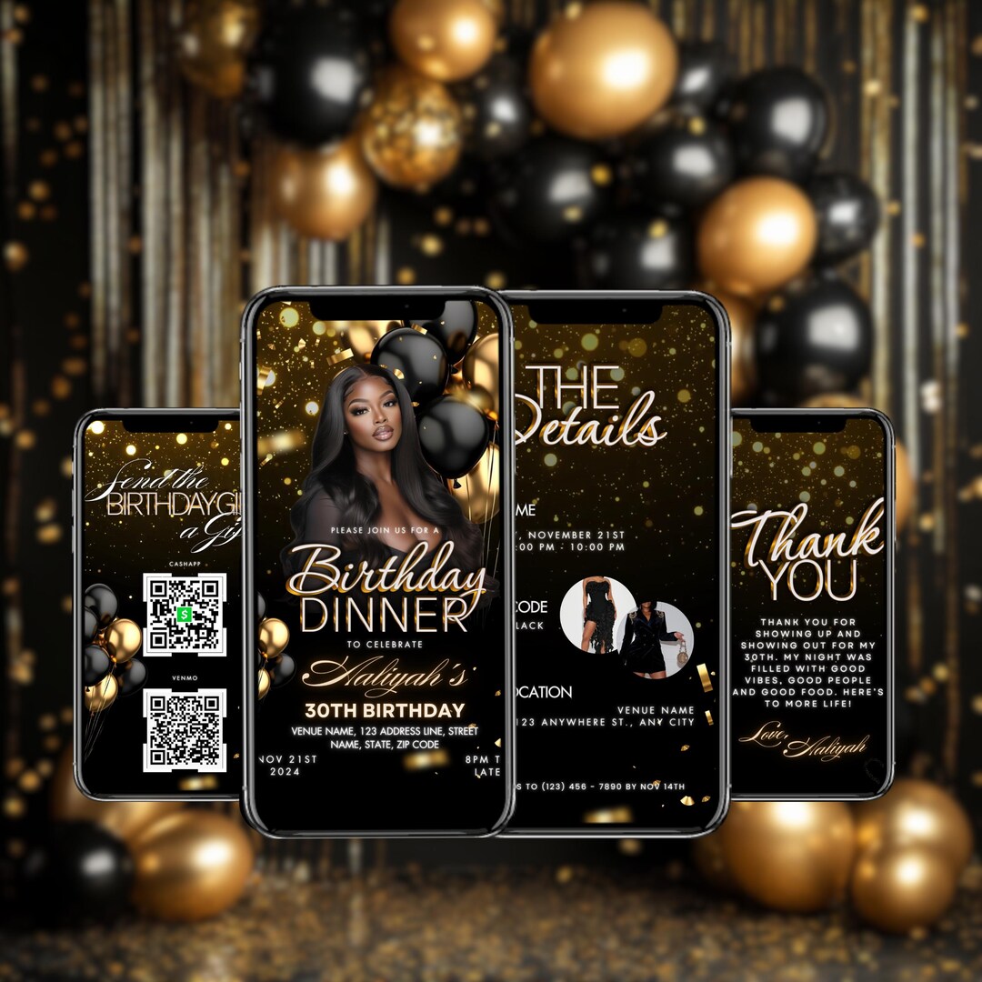 Gold Black Digital Birthday Dinner Party Video Invite Black Invitation ...