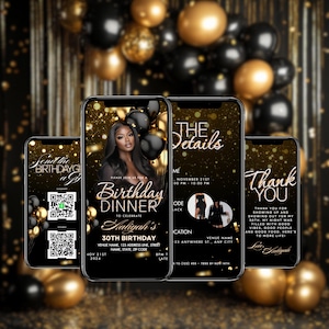 Złoto-czarne cyfrowe zaproszenie wideo na przyjęcie urodzinowe Czarny szablon zaproszenia DIY Czarny złoty balon Zaproszenie urodzinowe Canva Notatka z podziękowaniami